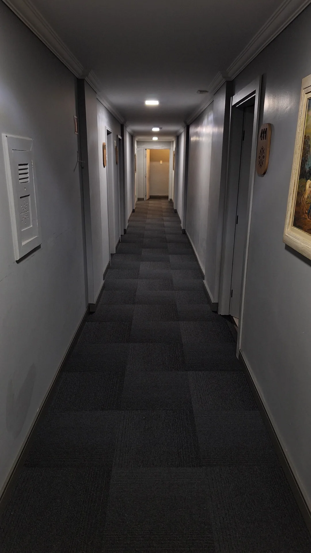 Piso escuro instalado em corredor